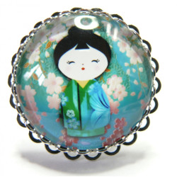 Grande Bague Kokeishi belu vert modèle vague