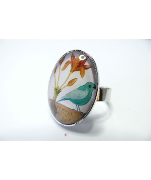 Grande Bague Ovale Carte postale bleu turquoise 25 par 18mm argent