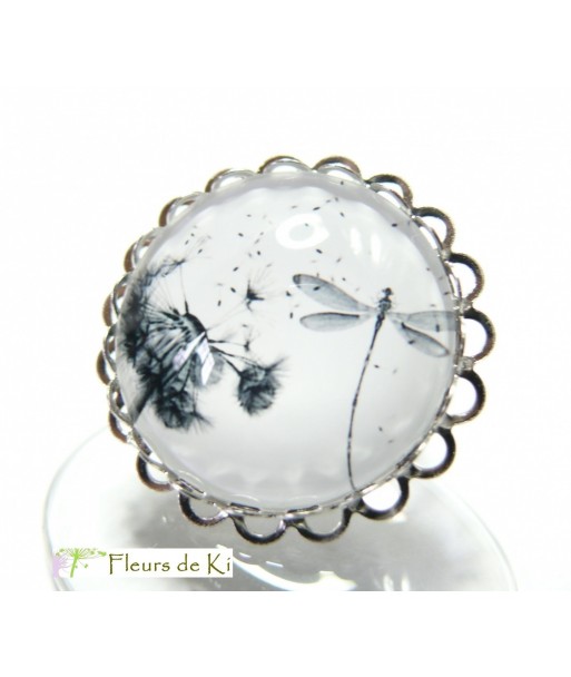 Bijoux de créateur: Grande Bague Libellule et pissenlit vague argent platine