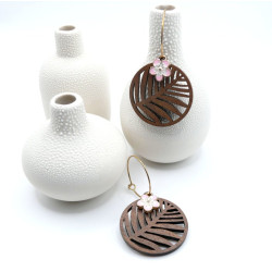 Boucles d’oreilles Zen en acier inoxydable finition 18K, Bois et fleur Rose