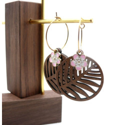 Boucles d’oreilles Zen en acier inoxydable finition 18K, Bois et fleur Rose