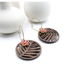 Boucles d’oreilles Zen en acier inoxydable finition 18K, Bois et fleur Rouge