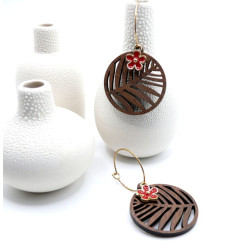Boucles d’oreilles Zen en acier inoxydable finition 18K, Bois et fleur Rouge