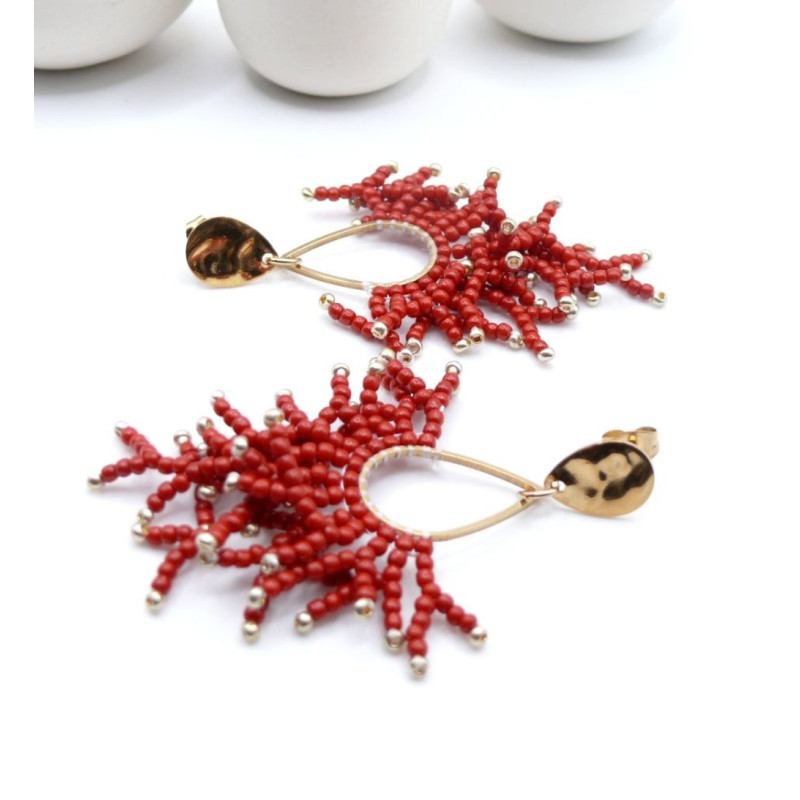 Boucles d’oreilles en acier inoxydable doré 18K – forme Corail  avec perles de rocaille ROUGE