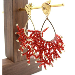 Boucles d’oreilles en acier inoxydable doré 18K – forme Corail  avec perles de rocaille ROUGE