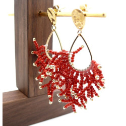 Boucles d’oreilles en acier inoxydable doré 18K – forme Corail  avec perles de rocaille ROUGE