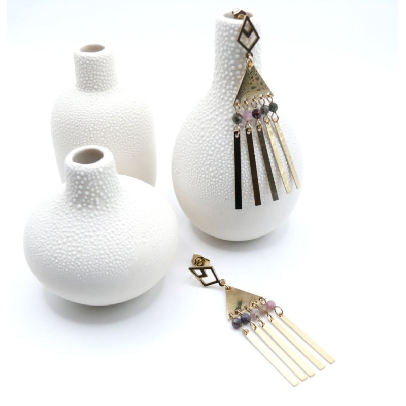 Boucles d’oreilles en acier inoxydable doré 18K, forme géométrique avec perles d'agate