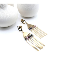 Boucles d’oreilles en acier inoxydable doré 18K, forme géométrique avec perles d'agate