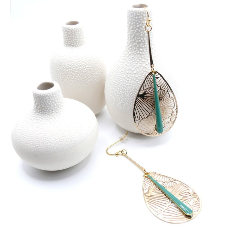 Boucles d’oreilles en acier inoxydable, Ginkgo dans goutte
