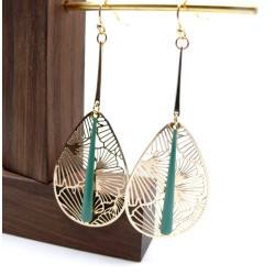 Boucles d’oreilles en acier inoxydable, Ginkgo dans goutte