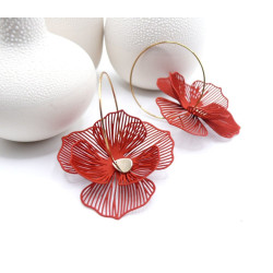 Créoles en acier inoxydable doré 18K, Fleur dentelle Rouge avec pistil doré