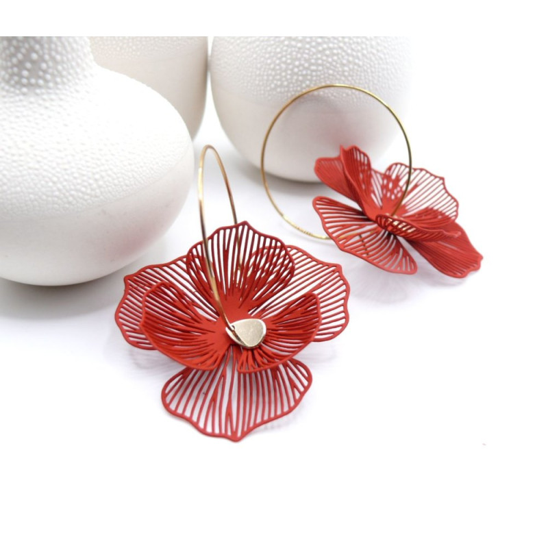 Créoles en acier inoxydable doré 18K, Fleur dentelle Rouge avec pistil doré