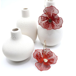 Créoles en acier inoxydable doré 18K, Fleur dentelle Rouge avec pistil doré