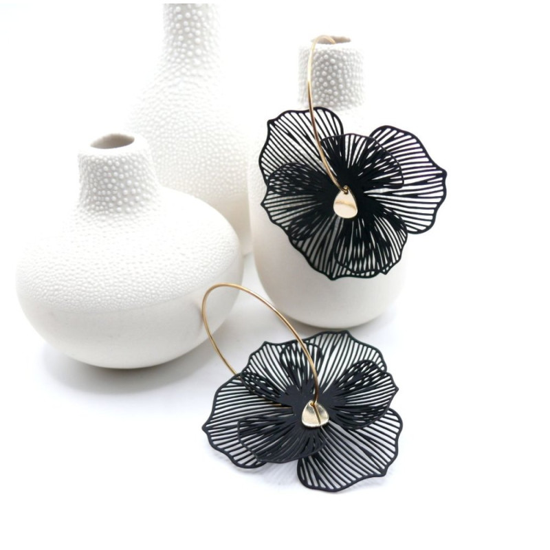 Créoles en acier inoxydable doré 18K, Fleur dentelle Noire avec pistil doré