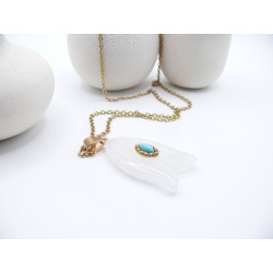 Collier en acier inoxydable doré 18K, Poisson en Quartz esprit Néo Bohème