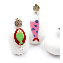 Boucles d’oreilles Asymétrique Acier Inoxydable 18K – Pop Art Poisson et corail