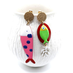Boucles d’oreilles Asymétrique Acier Inoxydable 18K – Pop Art Poisson et corail