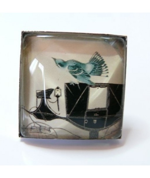 Grande Bague carré l'oiseau et la diligence 25mm argent